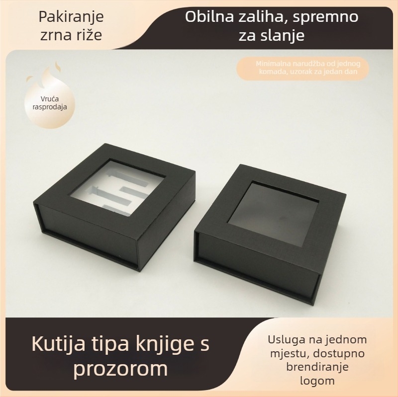 Crna kartonska kutija sa prozorom i preklopnim poklopcem, magnetska kutija u obliku knjige za USB flash pogon i Bluetooth slušalicu