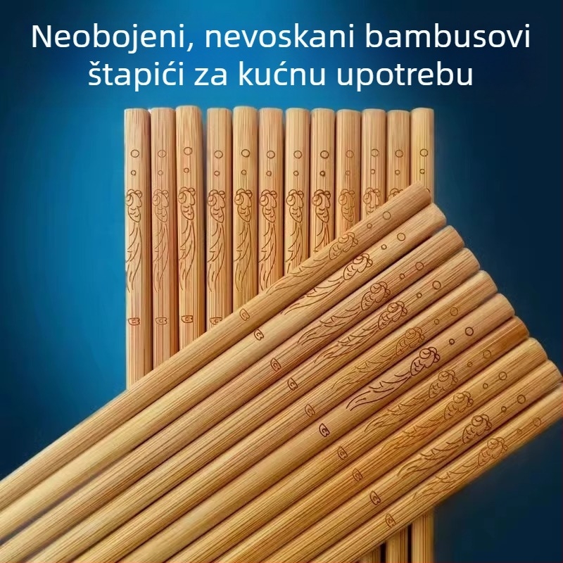 Visokokvalitetne prirodno izrezbarene bambus štapići za jelo, nelakirani, anti-slip, za kućnu i ugostiteljsku upotrebu