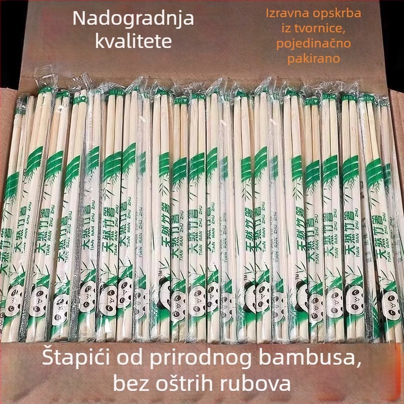 100 parova jednokratnih bambus štapića za jelo, pojedinačno zapakiranih, za kućnu i komercijalnu upotrebu