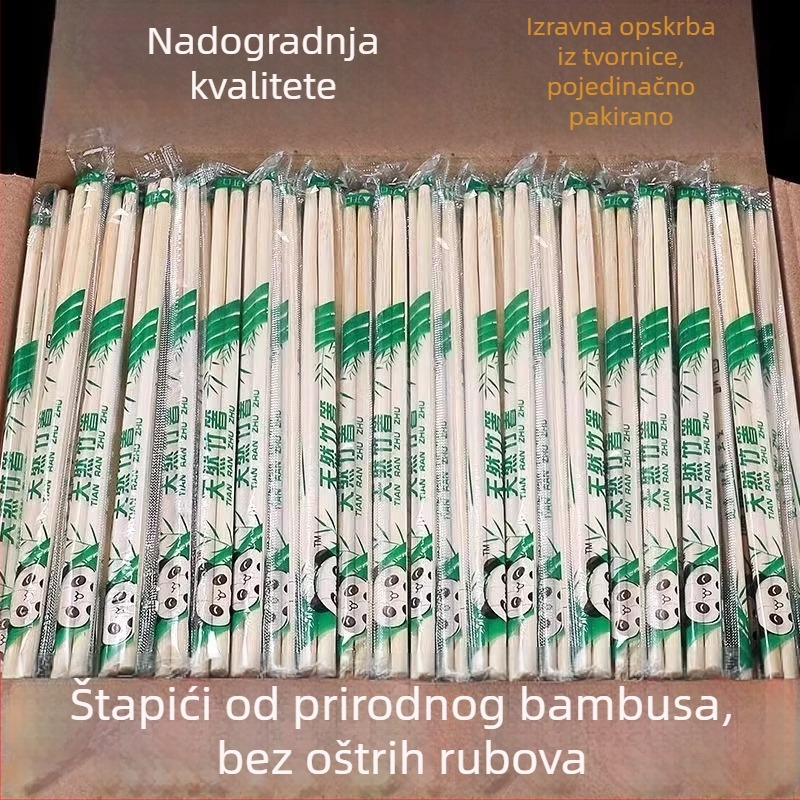 100 parova jednokratnih bambus štapića za jelo, pojedinačno zapakiranih, za kućnu i komercijalnu upotrebu