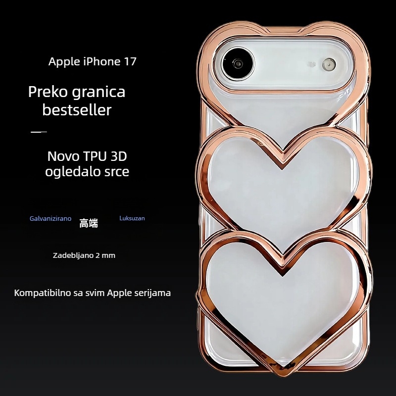 Kućište za iPhone s elektroplatiranim srebrnim srcima, minimalistički sladak i drzak dizajn, zaštitni poklopac za iPhone 17 Pro Max