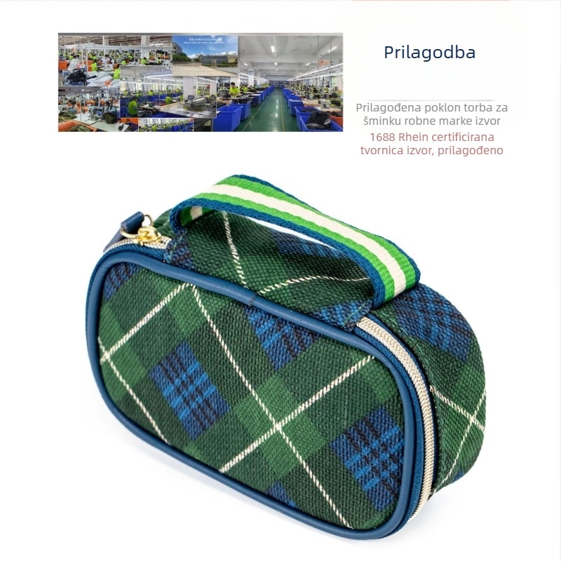Prilagođena zelena karirana platnena torbica za šminku s džepom za ruž