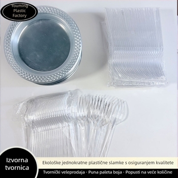 Jednokratni plastični set posuđa s prozirnim kružnim tanjurima, tanjurima za tortu i prugastim nožem, vilicom i žlicom