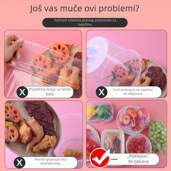 Set od 100 jednokratnih prozirnih folijskih poklopaca za kuhinju i hladnjak, s elastičnim otvorom za ostatke i zdjele