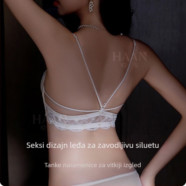 Bijeli čipkasti grudnjak s prednjim zatvaranjem, 3/4 košarica, push-up efekt, križne naramenice, otvorena leđa