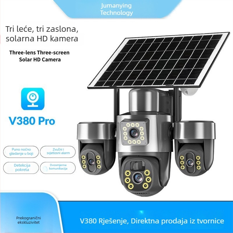 V380 Kamera s tri objektiva, tri zaslona, tri osi gimbala, solarno napajanje, upravljanje putem mobitela, rotirajuća za kućni nadzor, bežični 4G