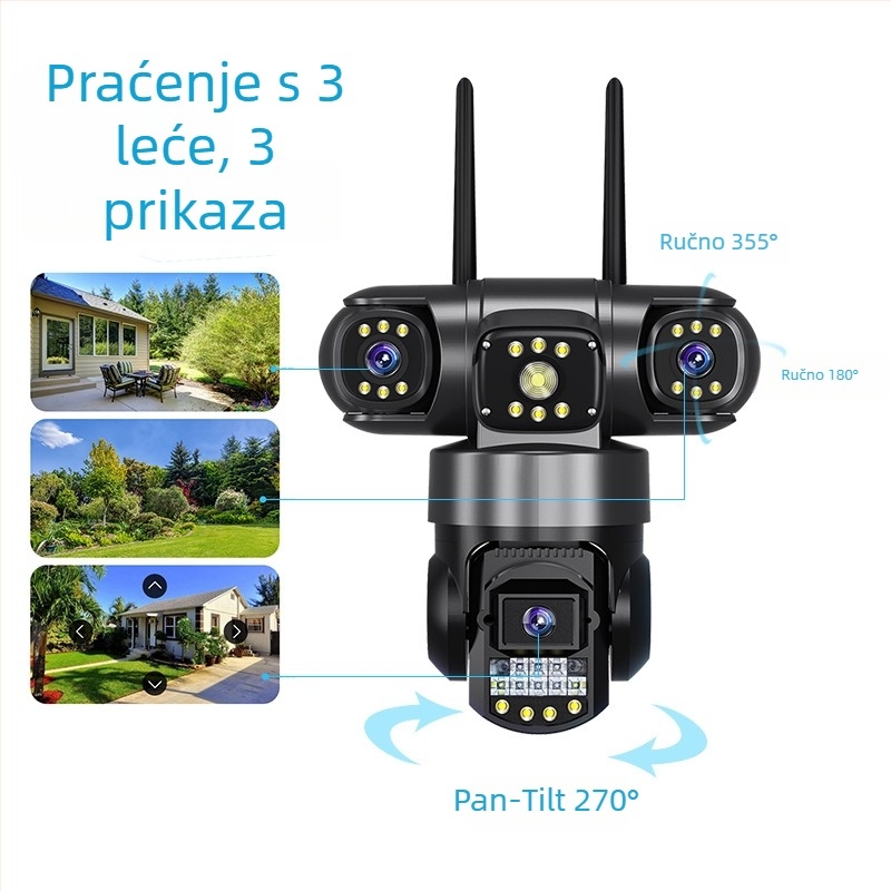 V380pro PTZ kamera s tri objektiva, bežični 4G, vanjska, Wi‑Fi i napajanje