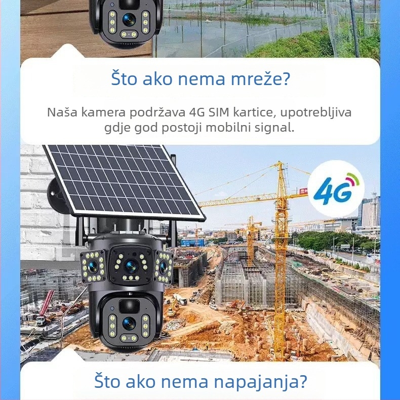 Solarna 4G panoramska pametna kamera s dvostrukim objektivom, niska potrošnja energije, dvosmjerni zvuk, vanjski monitor.