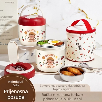Mini termo kutija za obrok od 304 nerđajućeg čelika, prenosna, s dvostrukim odjeljkom, zatvorena i otporna na propuštanje, s dizajnom karikature
