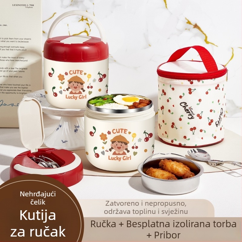 Mini termo kutija za obrok od 304 nerđajućeg čelika, prenosna, s dvostrukim odjeljkom, zatvorena i otporna na propuštanje, s dizajnom karikature