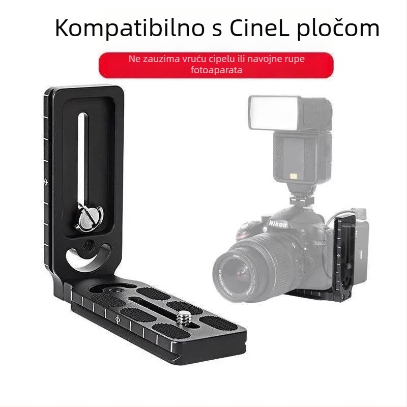 DSLR fotoaparat: L‑oblik ploča za brzo oslobađanje sa stabilizatorom, glava stativa i bočni nosač za vertikalni zaslon