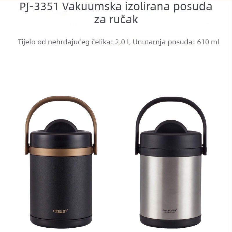 Dvostruki sloj kutija za obrok od nehrđajućeg čelika 316, izolirana, zapremina 2 L, prijenosna za putovanja, posao i vanjsku upotrebu