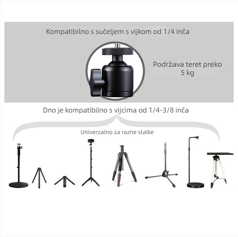 Metalna gimbal glava za stativ, kompatibilna s bezzrcalnim i DSLR kamerama, 3/8 inčni navoj, 360° pan/tilt