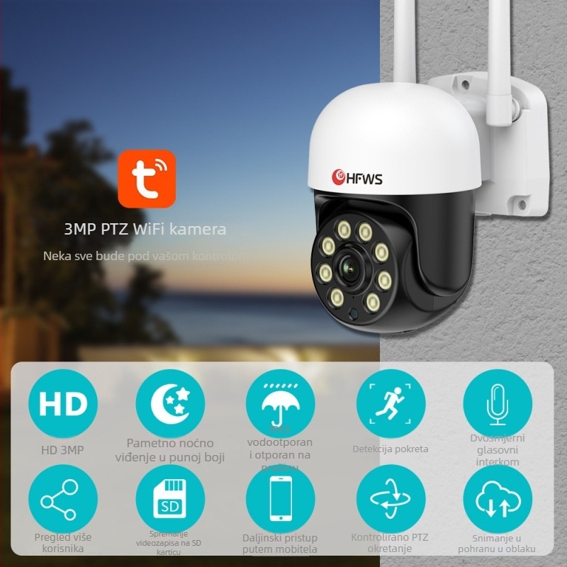 Vanjska bežična kamera za nadzor, HD noćno snimanje, 360° PTZ, Wi-Fi