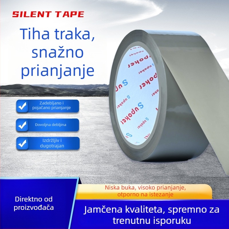 Tiha prozirna ambalažna traka, širina 4,5–6 cm, duljina 60–150 m, BOPP film, hidrokolloidno ljepilo, boje: prozirna, smeđa, bež, 1 rolna