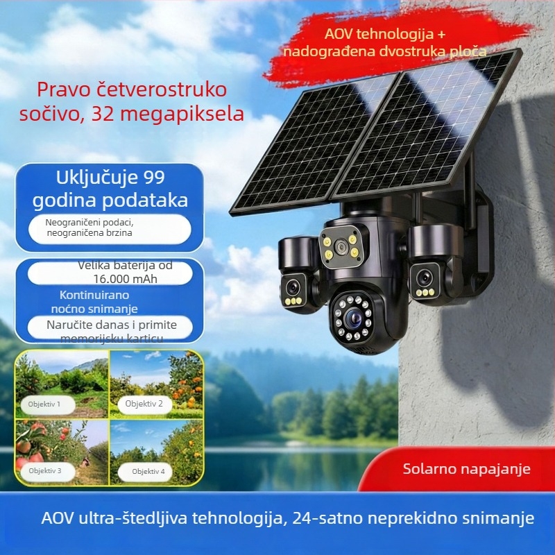 Solarna kamera za nadzor s četiri leće za vanjsku upotrebu, autonomni rad, pokrivenost od 360 stupnjeva.