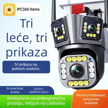 Kamera za nadzor za dom i vanjsku upotrebu, Wi-Fi, noćni vid 360°, trostruka leća, 12K rezolucija