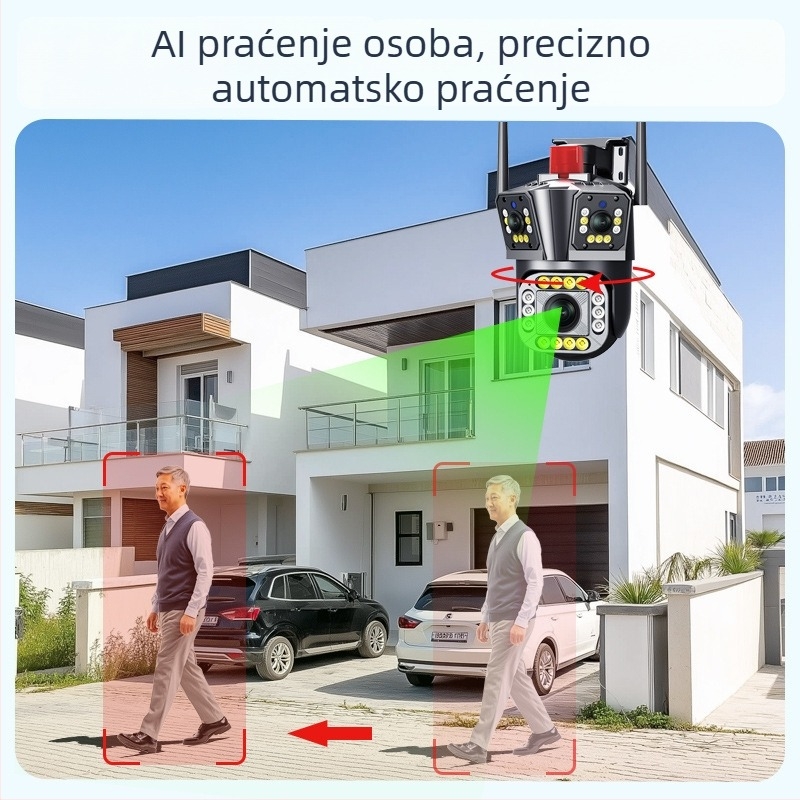 Kamera za nadzor za dom i vanjsku upotrebu, Wi-Fi, noćni vid 360°, trostruka leća, 12K rezolucija