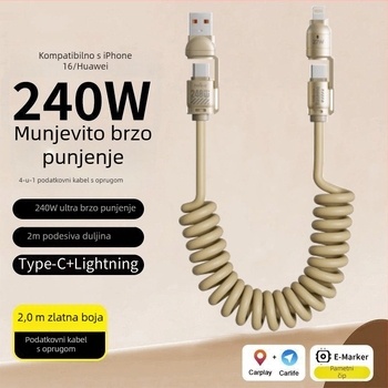 CarPlay izvlačni kabel s opružnim mehanizmom, 4 u 1, 240W brzo punjenje za Apple i Huawei telefone