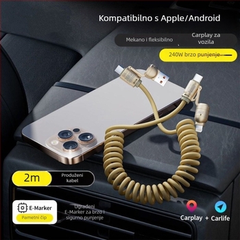 CarPlay izvlačni kabel s opružnim mehanizmom, 4 u 1, 240W brzo punjenje za Apple i Huawei telefone