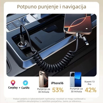 CarPlay izvlačni kabel s opružnim mehanizmom, 4 u 1, 240W brzo punjenje za Apple i Huawei telefone
