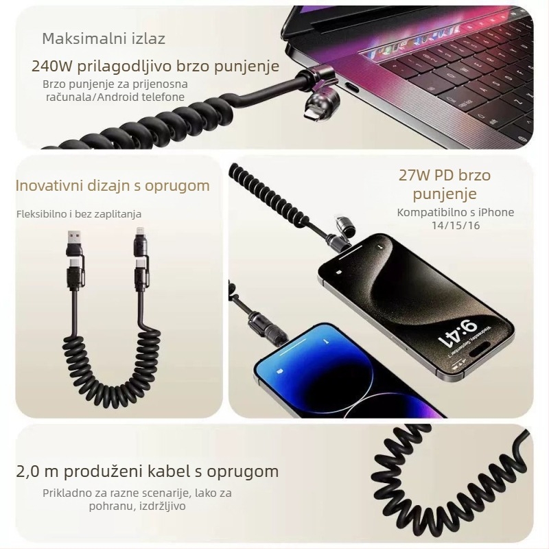 CarPlay izvlačni kabel s opružnim mehanizmom, 4 u 1, 240W brzo punjenje za Apple i Huawei telefone