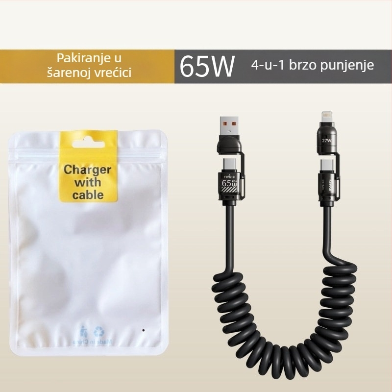 CarPlay izvlačni kabel s opružnim mehanizmom, 4 u 1, 240W brzo punjenje za Apple i Huawei telefone