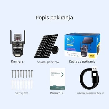 Solarna vanjska kamera za sigurnost s 360° panoramom, noćni vid, Wi‑Fi