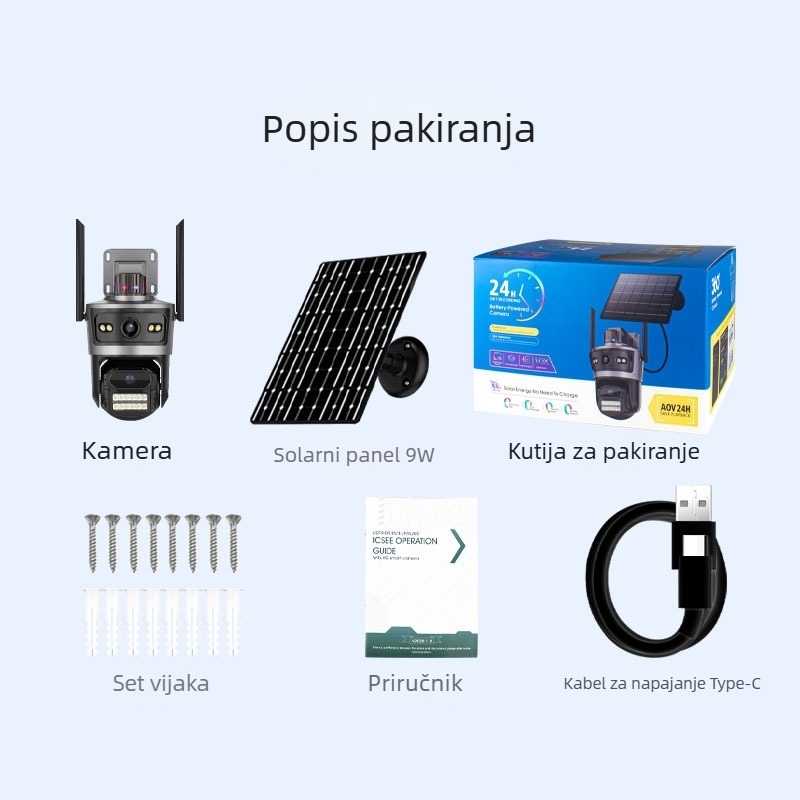 Solarna vanjska kamera za sigurnost s 360° panoramom, noćni vid, Wi‑Fi