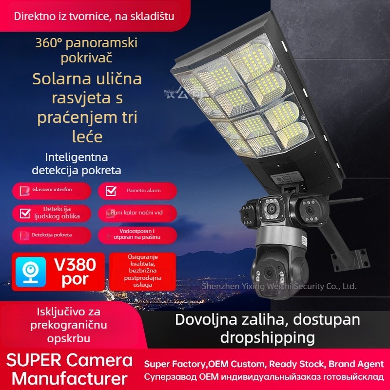 Vanjska solarna kamera za nadzor s tri objektiva i Wi‑Fi, 4 mm objektiv, visoka definicija daljinskog nadzora