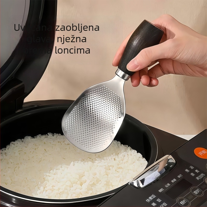Stojeća žlica za rižu s nepriľnavim premazom, od 304 nerđajućeg čelika, drška od orahovog drveta, elegantna poslužna žlica za rižu