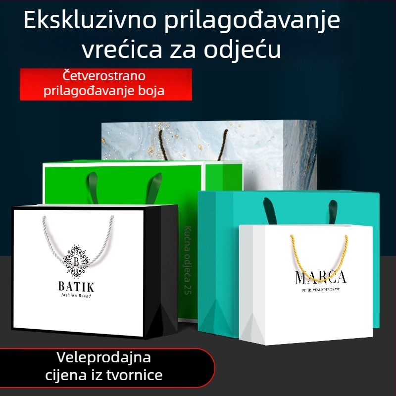 Prilagodljiva torba od bijelog kraft papira za odjeću, u stilu ručne torbe, s otisnutim logom
