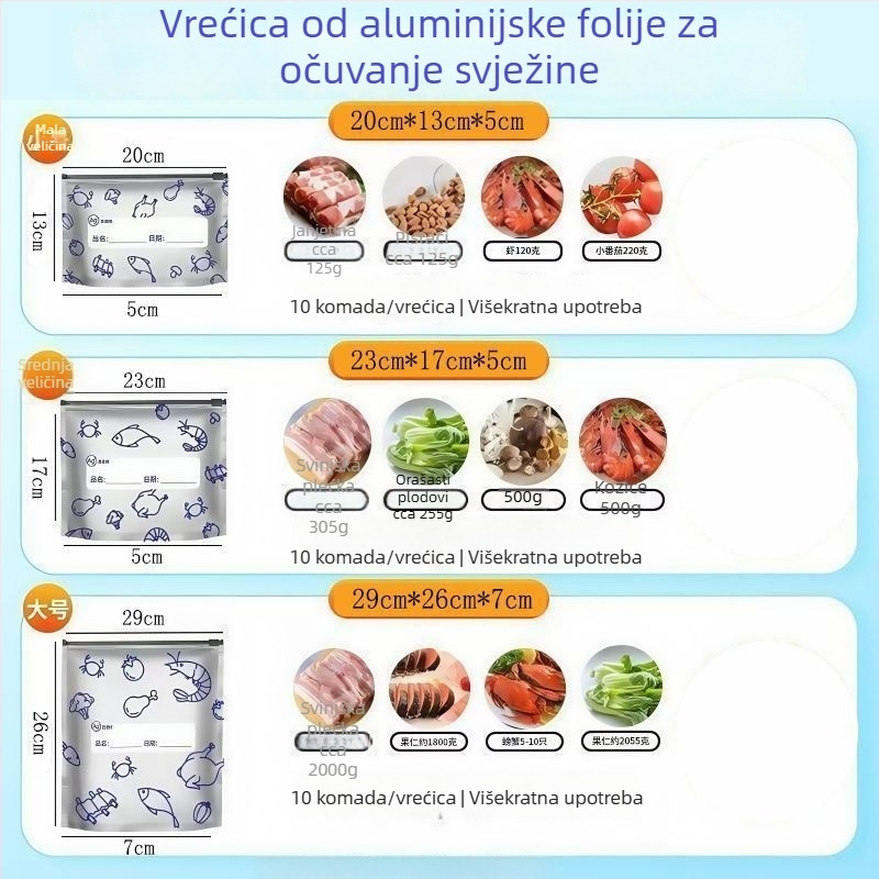 Vrećice od aluminijske folije za hranu, hermetički zatvorene, za hladnjak i zamrzivač, mikrovalna sigurna, paket od 10 komada