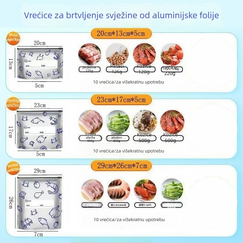 Vrećice od aluminijske folije za hranu, hermetički zatvorene, za hladnjak i zamrzivač, mikrovalna sigurna, paket od 10 komada