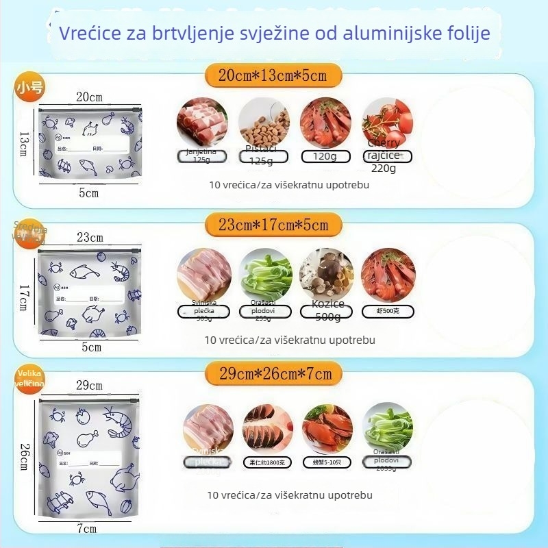 Vrećice od aluminijske folije za hranu, hermetički zatvorene, za hladnjak i zamrzivač, mikrovalna sigurna, paket od 10 komada