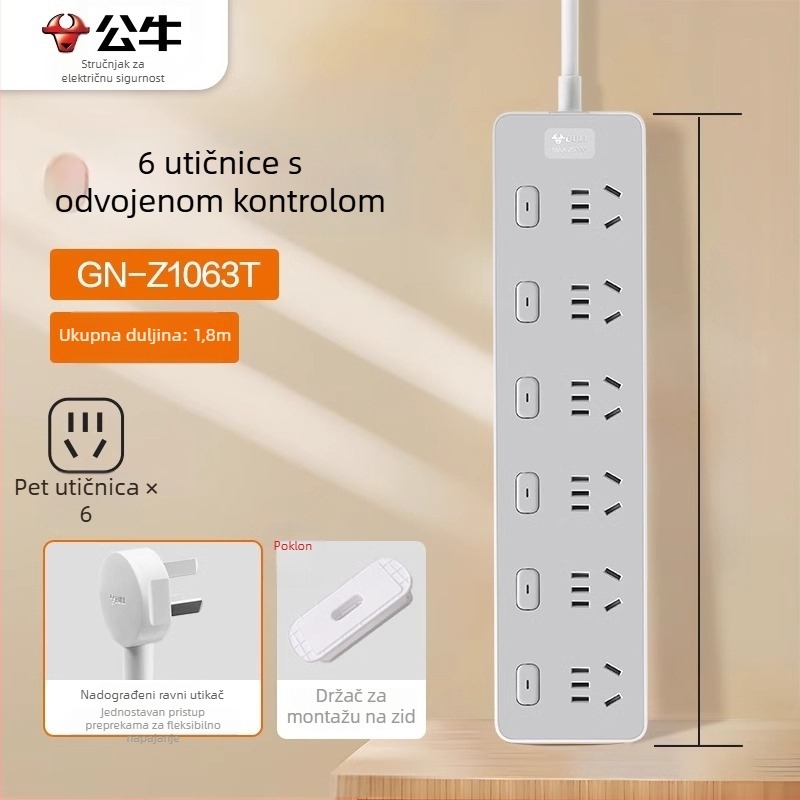 Bull produžni kabel s novim nacionalnim standardom, USB, više utičnica, kompakno upravljanje kabelima