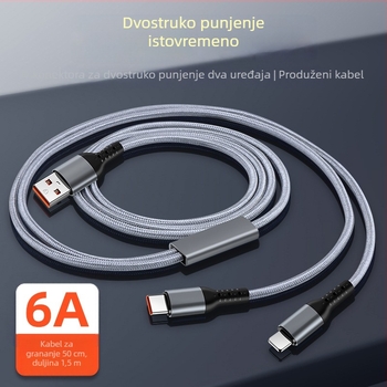 Pleteni automobilni kabel za brzo punjenje 3-u-1 s dvostrukim izlazom za Apple 17 i Huawei — Lightning, Micro-USB i Type-C, 6A, duljina 1–2 m