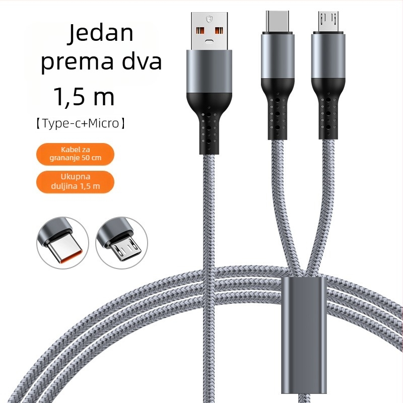 Pleteni automobilni kabel za brzo punjenje 3-u-1 s dvostrukim izlazom za Apple 17 i Huawei — Lightning, Micro-USB i Type-C, 6A, duljina 1–2 m
