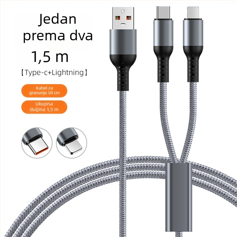 Pleteni automobilni kabel za brzo punjenje 3-u-1 s dvostrukim izlazom za Apple 17 i Huawei — Lightning, Micro-USB i Type-C, 6A, duljina 1–2 m