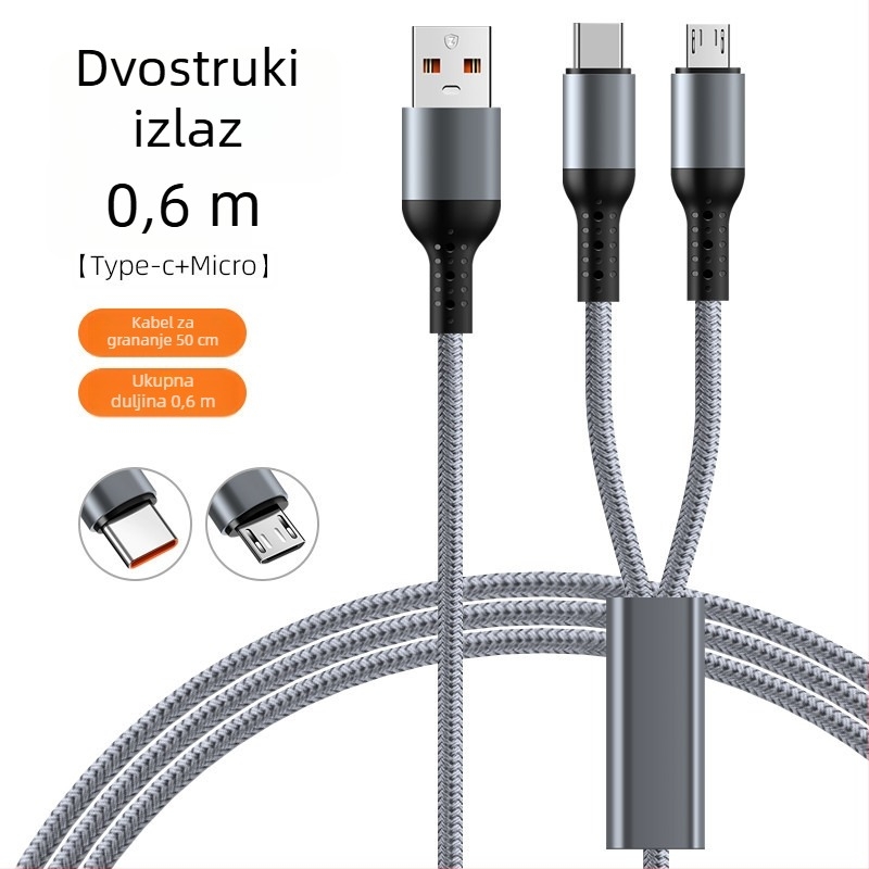 Pleteni automobilni kabel za brzo punjenje 3-u-1 s dvostrukim izlazom za Apple 17 i Huawei — Lightning, Micro-USB i Type-C, 6A, duljina 1–2 m