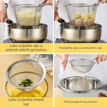 Kuhinjska posuda s dugim držalom za odvod, sito za tjesteninu, ručno sito, veliko nehrđajuće čelično cedilo, košarica za prženje, filter za ulje