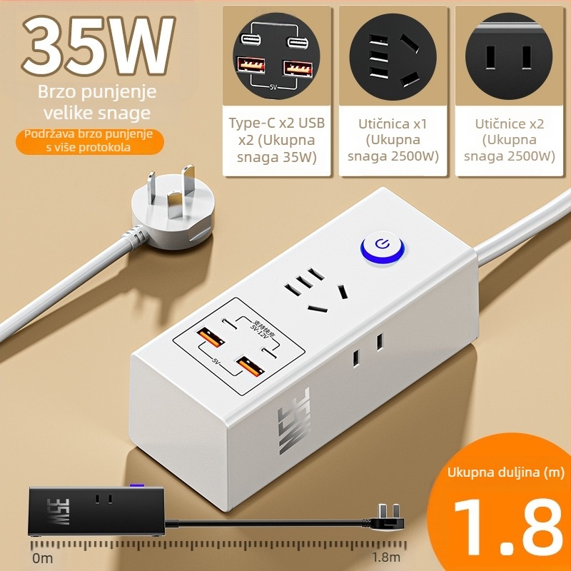35W pametni USB produžni blok za brzo punjenje, 2 USB priključka za kućnu upotrebu