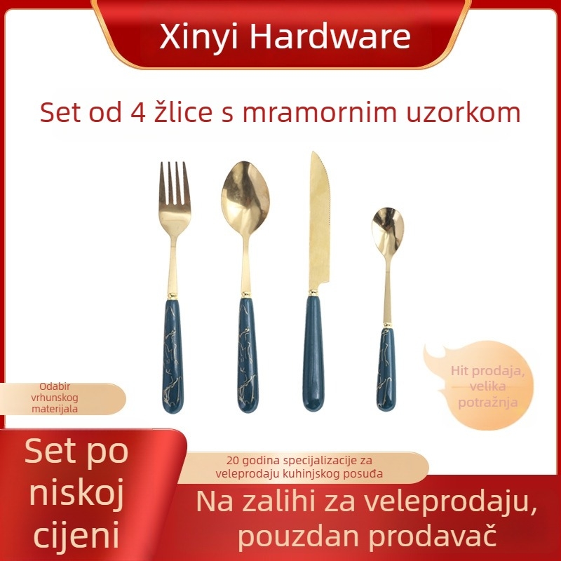 Set posuđa od nehrđajućeg čelika – nož, vilica i žlica sa zlatnim premazom, četverodjelni set