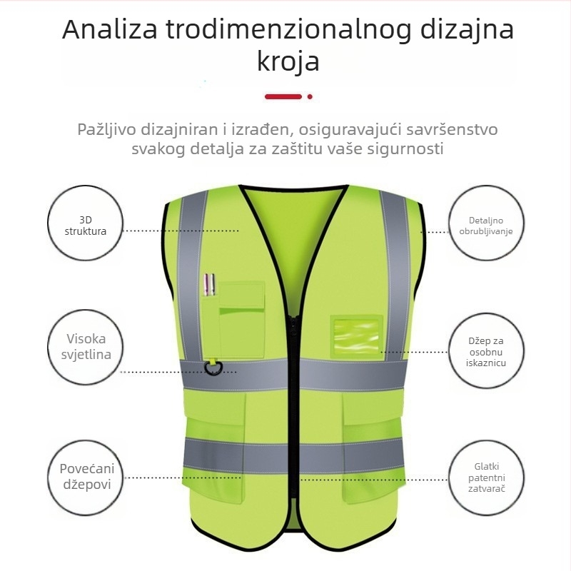 Reflektirajući sigurnosni prsluk s prozračnom mrežom, više džepova i tiskanim tekstom za gradilišta