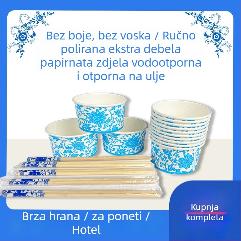 Jednokratni ekološki set posuđa: papirnate zdjele, papirnate čaše i štapići za jelo za kućnu i vanjsku piknik upotrebu