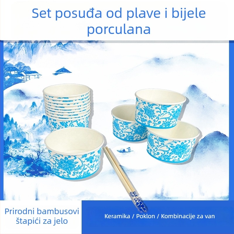 Jednokratni ekološki set posuđa: papirnate zdjele, papirnate čaše i štapići za jelo za kućnu i vanjsku piknik upotrebu