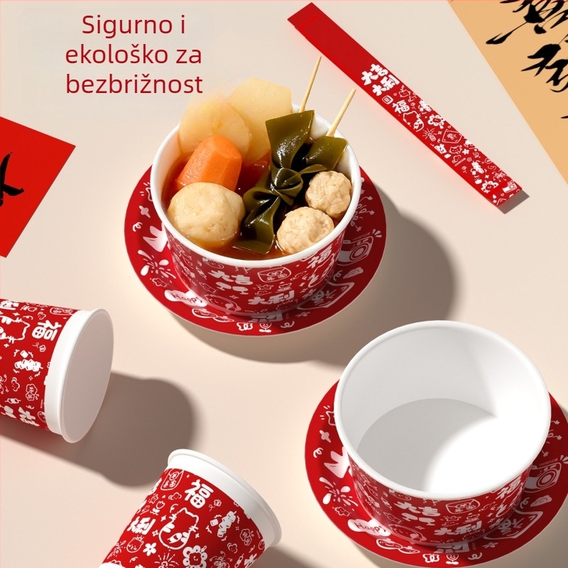 Yunlei jednokratni set za obiteljsku Novu godinu večeru, za 6 osoba, 4-dijelni set: drveni štapići za jelo, papirnate zdjele, papirnate tanjure i čaše