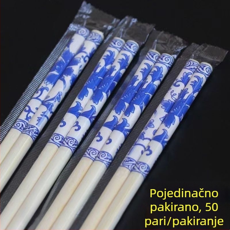 Jednokratni set bambusovih štapića za jelo s plavo-bijelim porculanskim uzorkom, crveni set s štapićima s cvjetnim uzorkom, karbonizirani, pojedinačno pakirani, vrhunske kvalitete, produženi i debeli