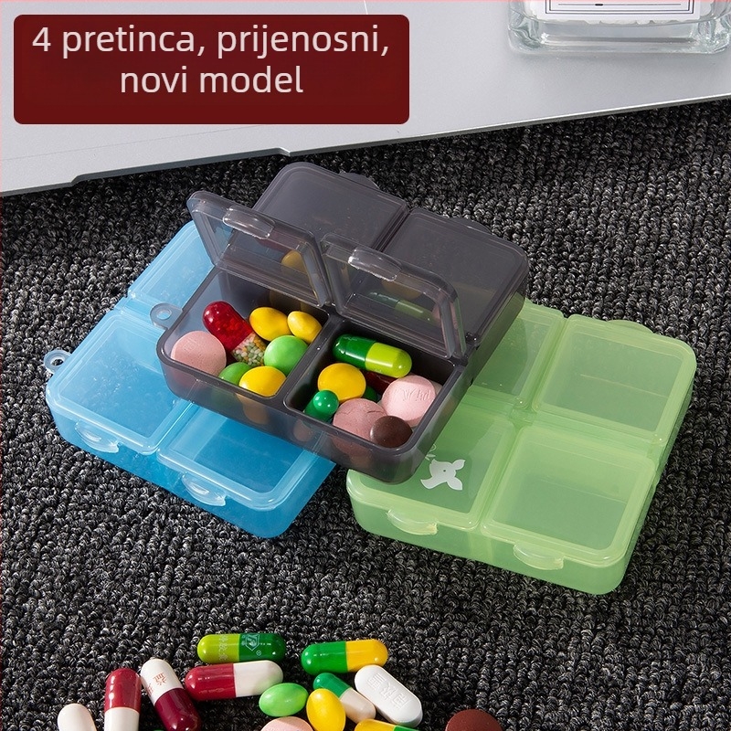 Mini organizator pilula sa četiri pretinca, prenosiva plastična kutija za tri obroka dnevno
