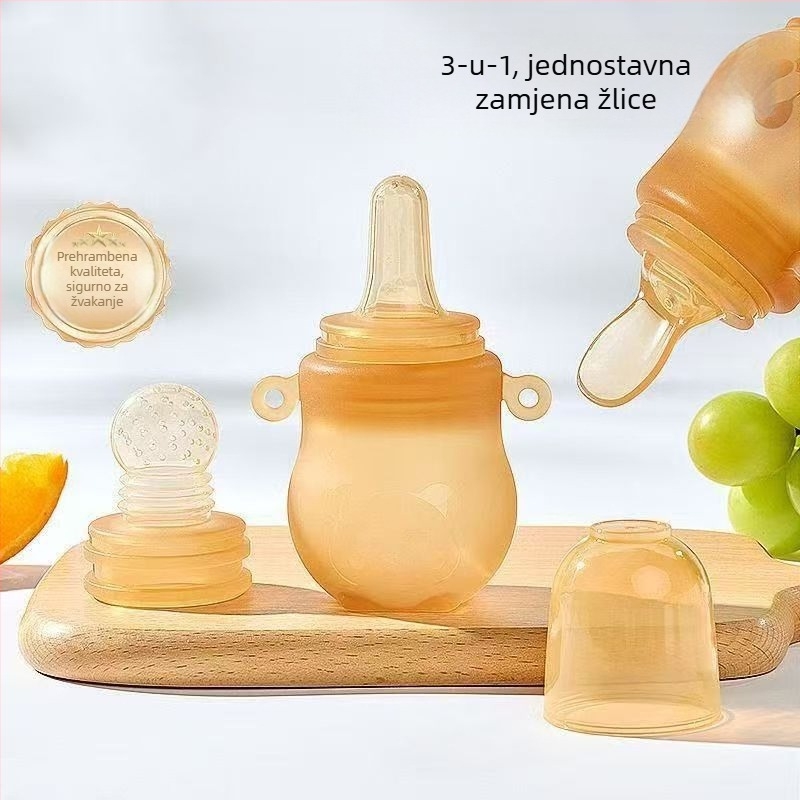 Dječja žličica za kašu tri u jednom — silikonska žvačuća žličica s tlačnim dizajnom za pire, voće i povrće